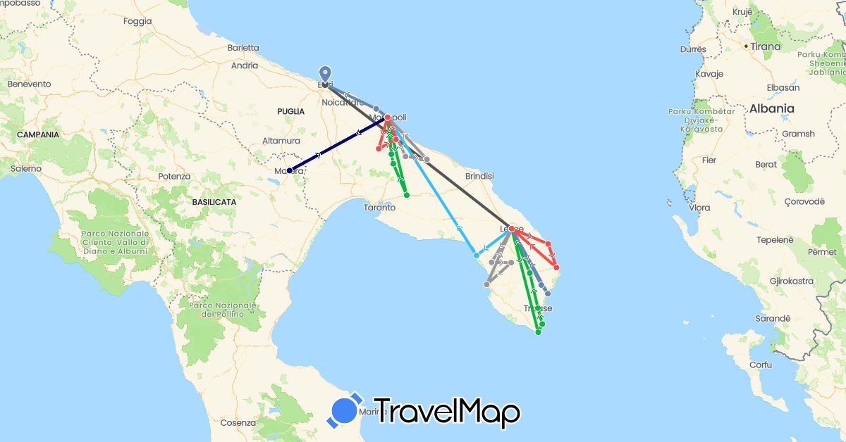TravelMap itinerary: driving, bus, plane, cycling, hiking, boat, motorbike in Italy (Europe)